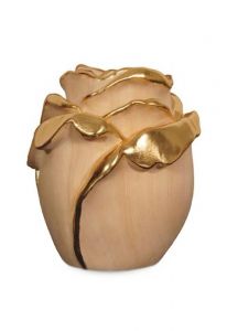 Urna en forma de rosa de madera de pino con detalles dorados
