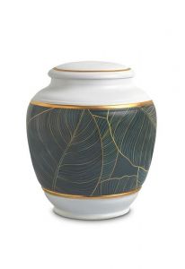 Mini urna funeraria de porcelana 'Classica' | Hojas verdes con bordes dorados