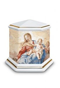 Mini urna para cenizas de porcelana 'Esagono' | Nuestra Señora con Niño - bordes dorados