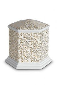 Mini urna funeraria de porcelana 'Esagono' | Hojas de oro puro
