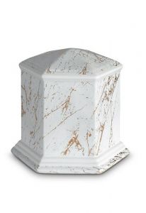 Mini urna funeraria de porcelana 'Esagono' | Mármol de Carrara con vetas doradas