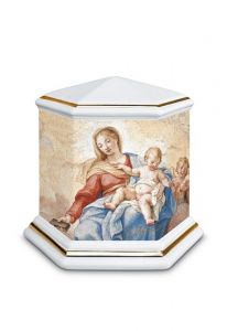 Urna funeraria de porcelana 'Esagono' | Nuestra Señora con Niño - bordes dorados