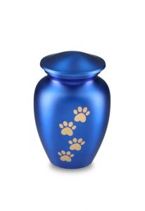Urna para mascotas azul mate con huellas doradas, diferentes tamaños