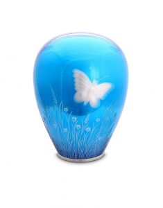 Urna incineración de cristal con mariposa azul