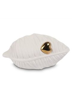 Miniurna cerámica hoja blanca con corazón oro