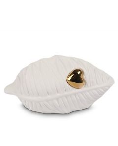 Miniurna cerámica hoja blanca con corazón oro