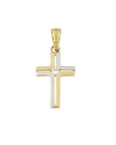 Colgante conmemorativa 'Cruz' de oro bicolor 14k con piedra zirconia