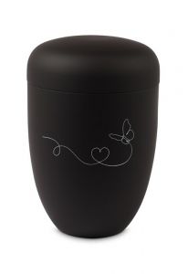 Urna metálica negra – Línea de corazón con mariposa