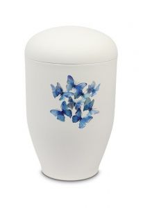 Urna metálica con mariposas azules