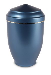Urna funeraria de metal azul con borde dorado