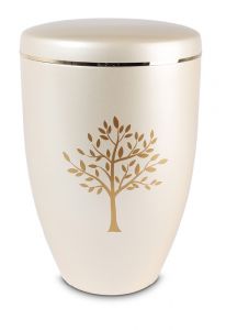 Urna funeraria de metal 'Árbol' crema blanca con borde dorado