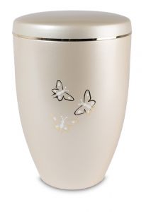 Urna funeraria de metal 'Mariposas' crema blanca con borde dorado