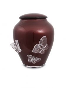 Urna incineración de cristal con mariposas rojo burdeos