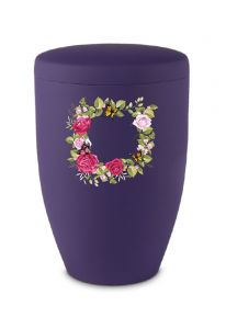 Urna para cenizas de metal morado con flores y mariposas