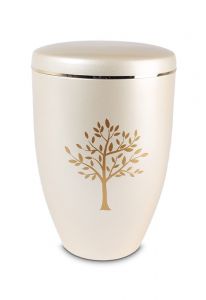 Urna funeraria de metal 'Árbol' crema blanca con borde dorado