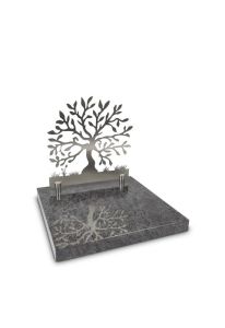 Monumento para urna de granito con Árbol de la Vida en acero inoxidable