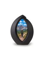 Mini urna funeraria de cerámica ‘Forever Framed’ negro mate, personalizable con imagen