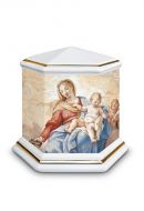Mini urna para cenizas de porcelana 'Esagono' | Nuestra Señora con Niño - bordes dorados